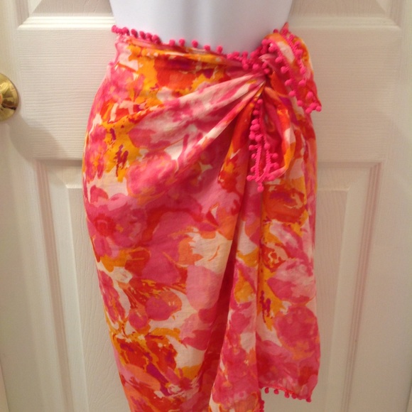 Infinity Pom Pom Trimmed Print Scarf Coverup - Picture 2 of 5